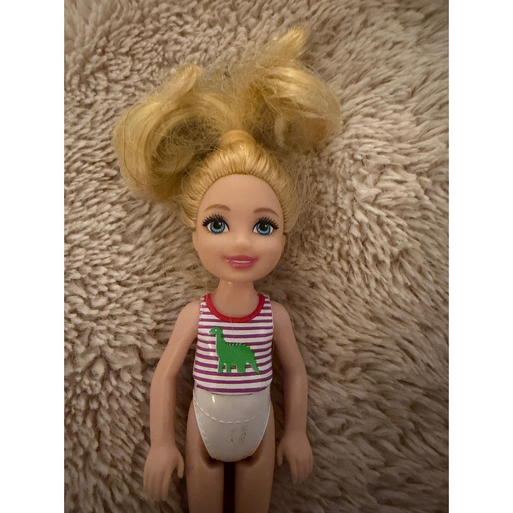 Mattel Barbie Chelsea Doll Blonde Blue Eyes Dinosaur Striped Swimsuit 2016 - Picture 6 of 6